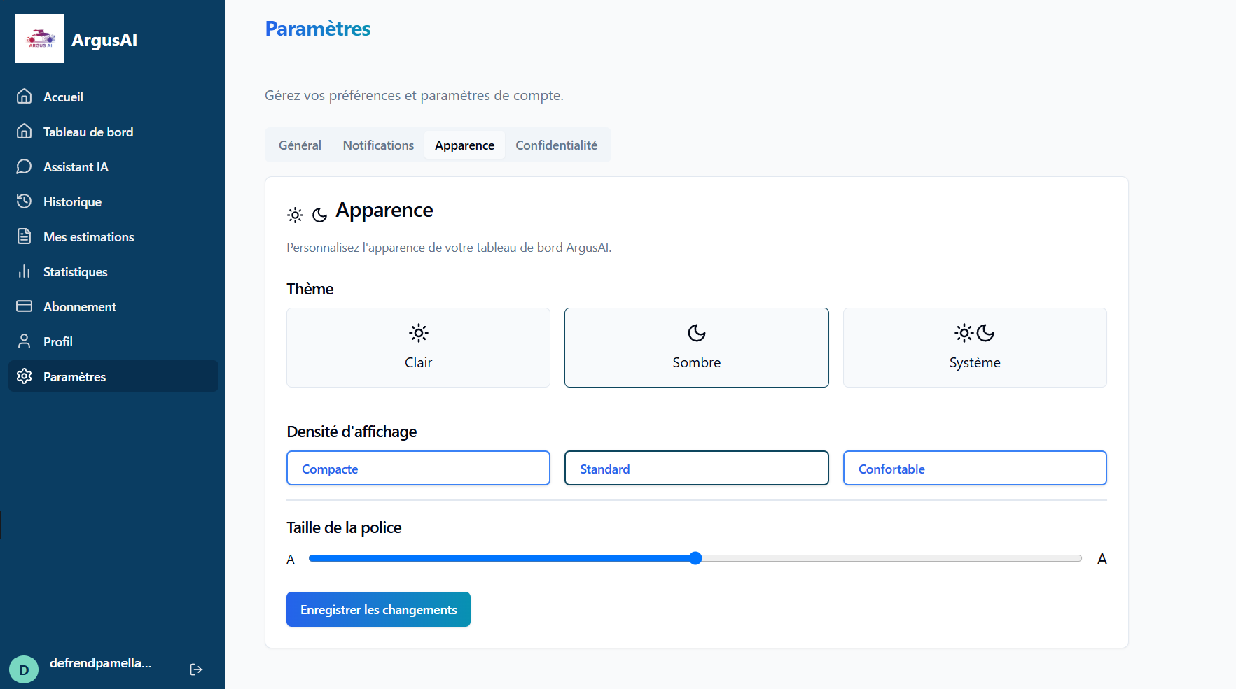 Capture d'écran Paramètres - Apparence